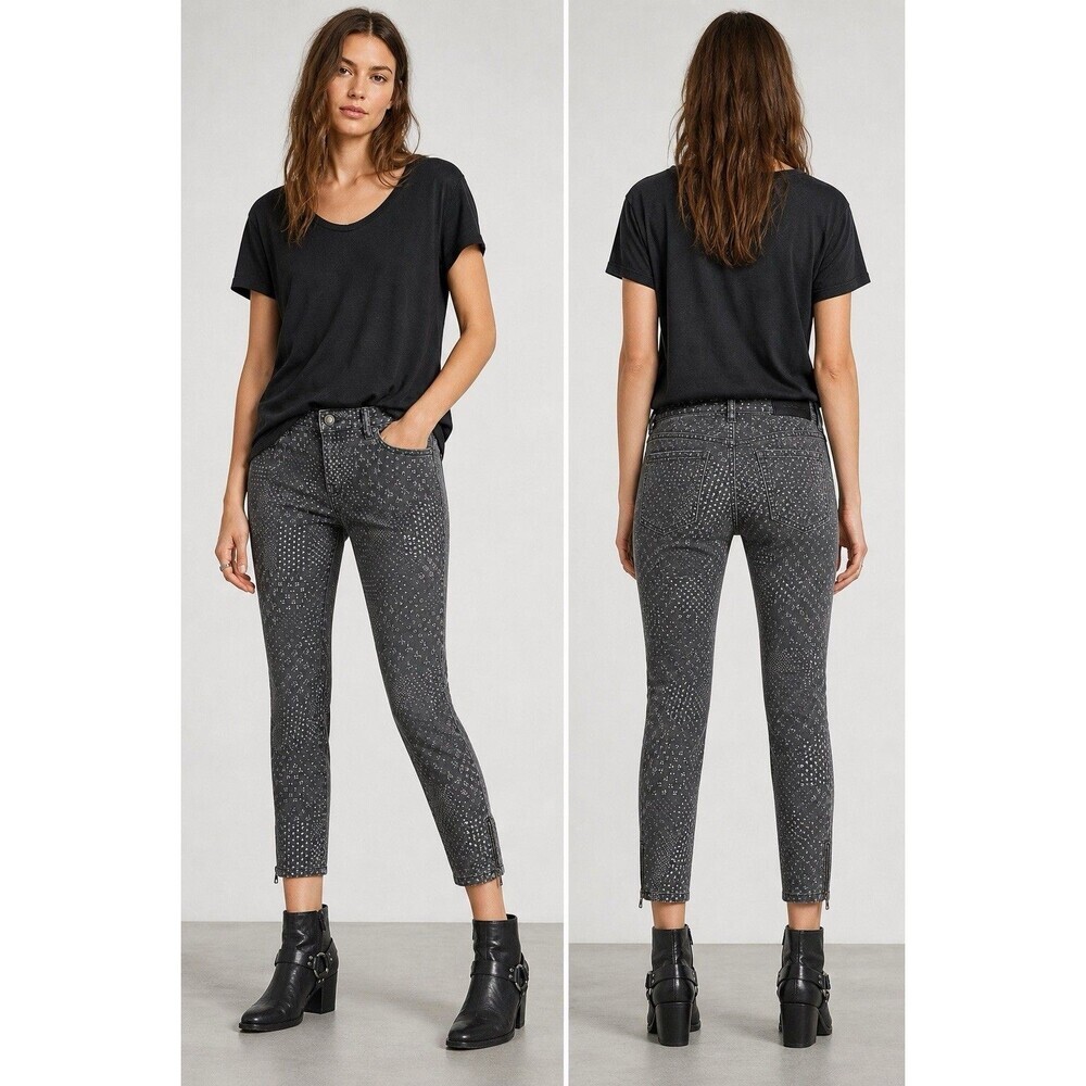 AllSaints Brodie Cropped Skinny Jeans Gray Daito Print Ankle Zip Low Rise W31